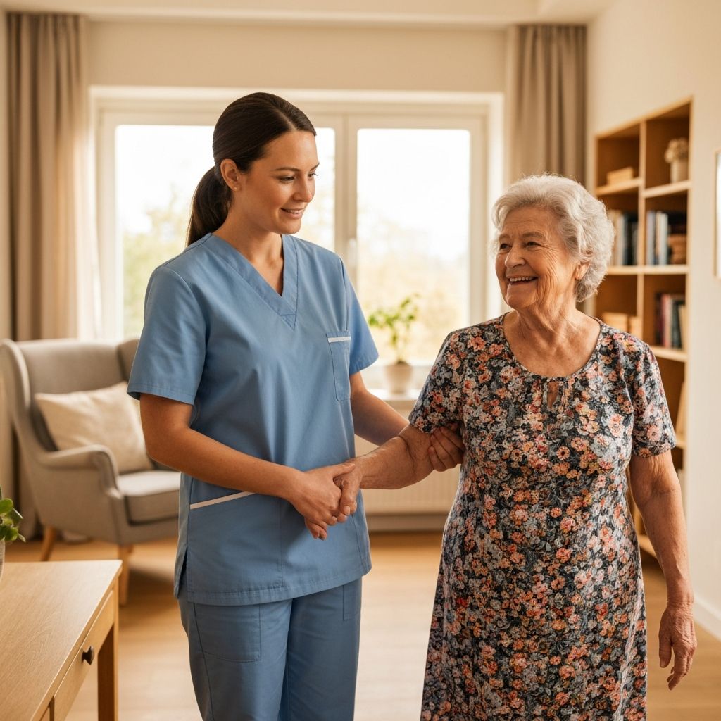 Caregiver helping elderly person walk
